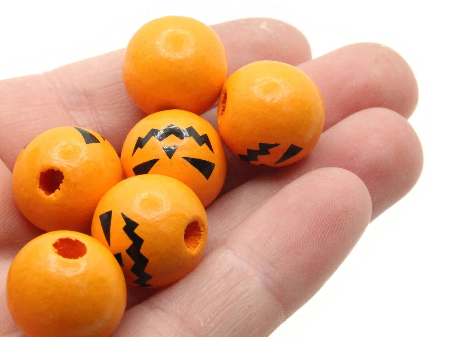 6 16mm Orange and Black Jack O Lantern Round Wooden Pumpkin Beads