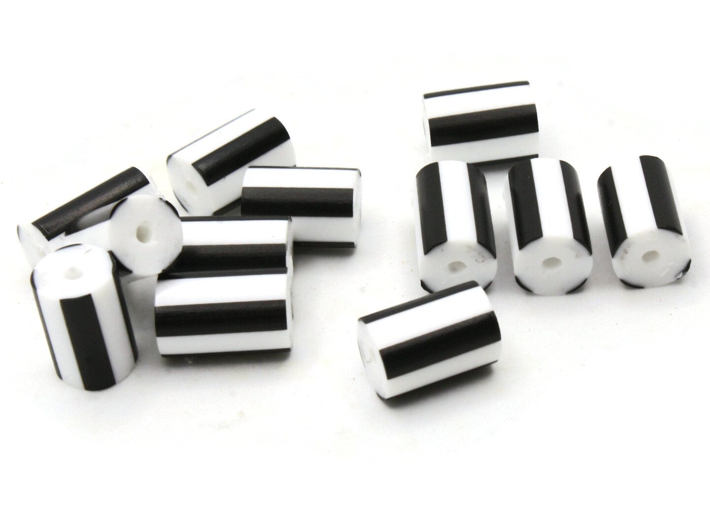12 12mm to 14mm Black and White Striped Vintage Plastic Tube Beads bF1