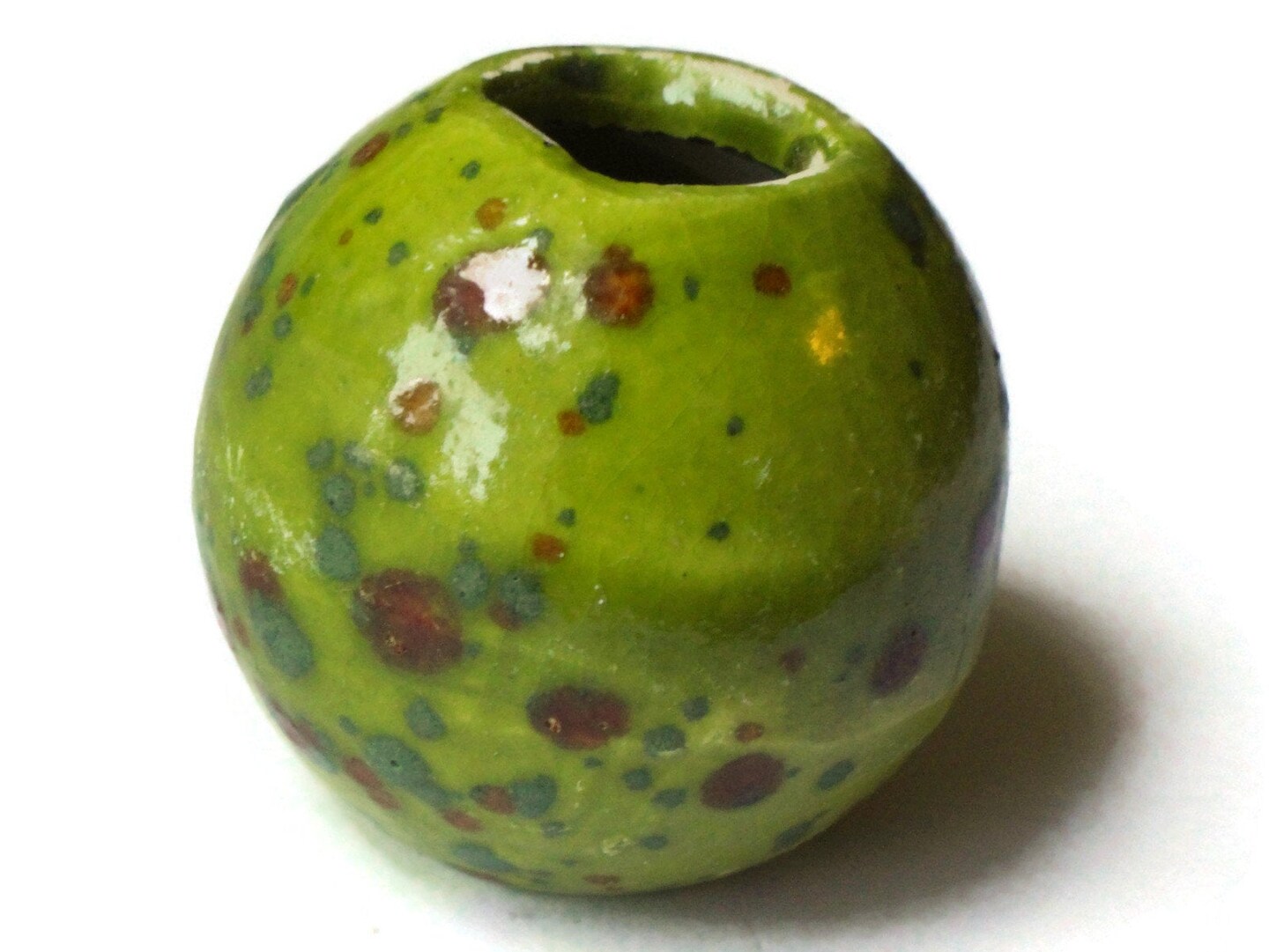 38mm Round Green with Brown Spots Bead Vintage Macrame Ceramic Porcelain Bead