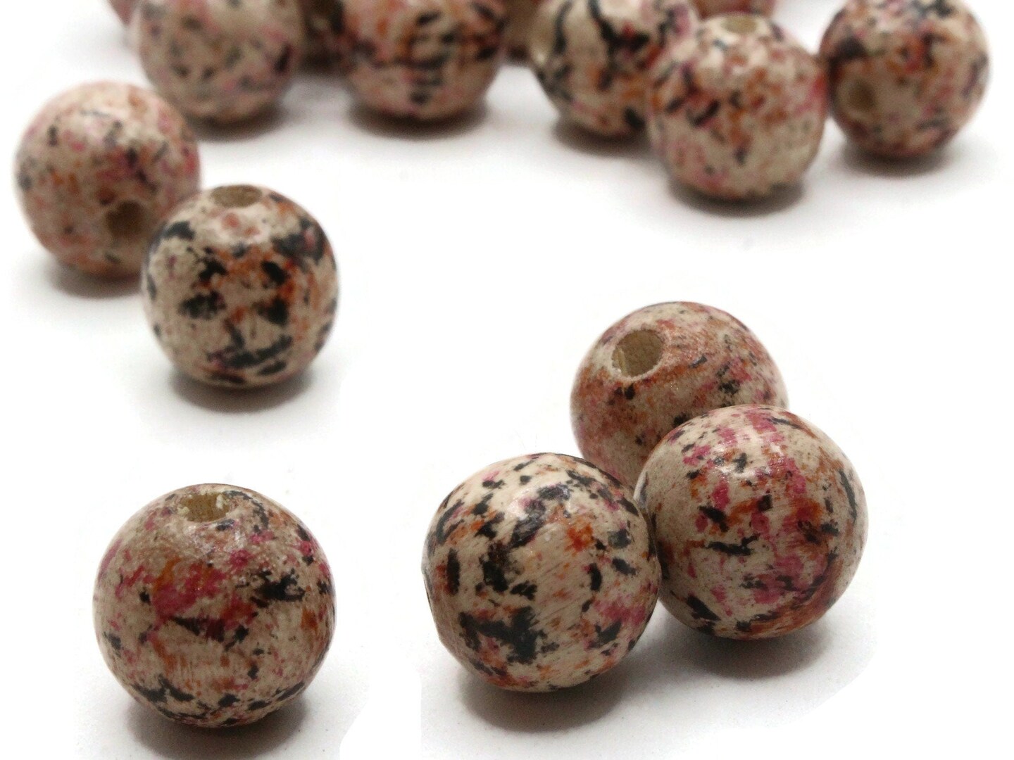20 12mm Round Pink Splatter Paint Wooden Ball Beads