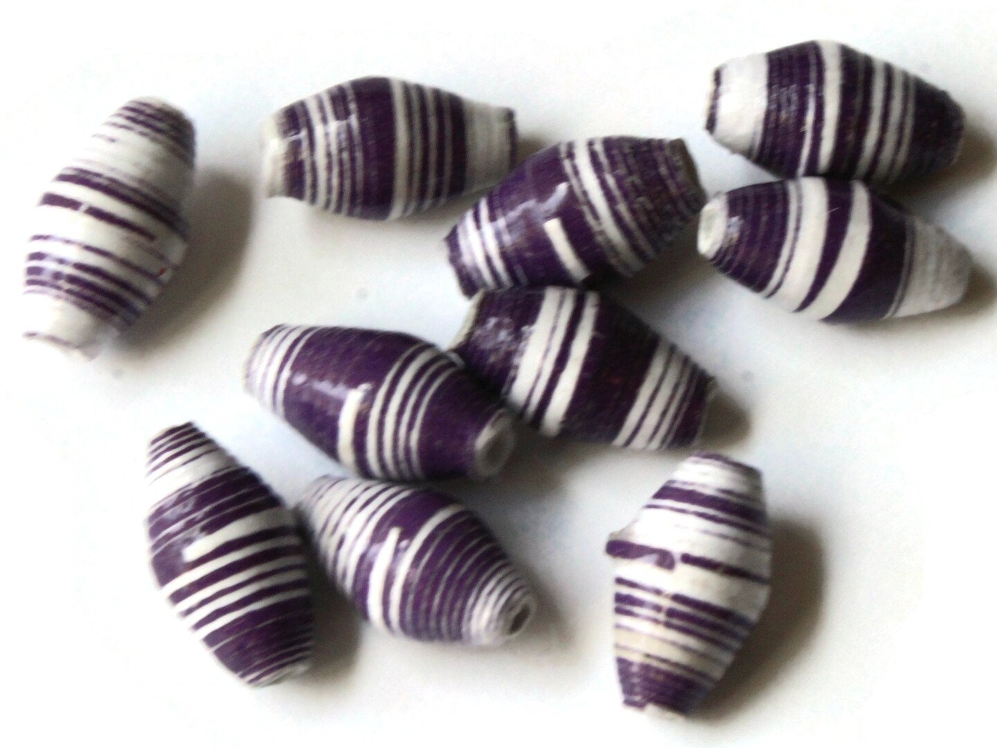 10 14mm Purple and White Striped Ugandan Paper Beads