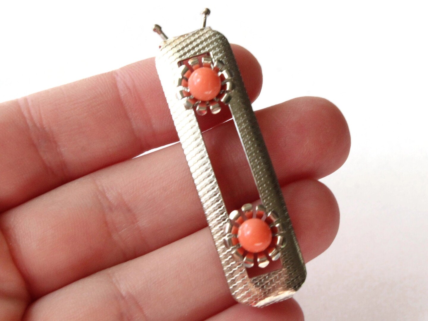Vintage Silver Barrette with Orange Flowers Rectangle Barrette