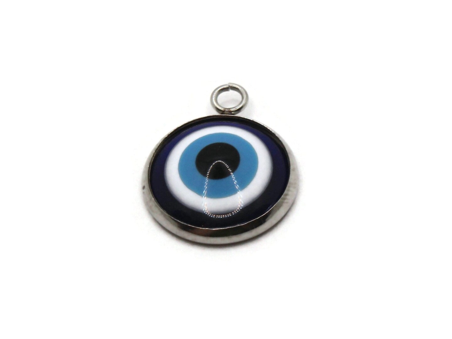 2 19.5mm Blue Evil Eye Pendants Resin and Silver 304 Stainless Steel Charms