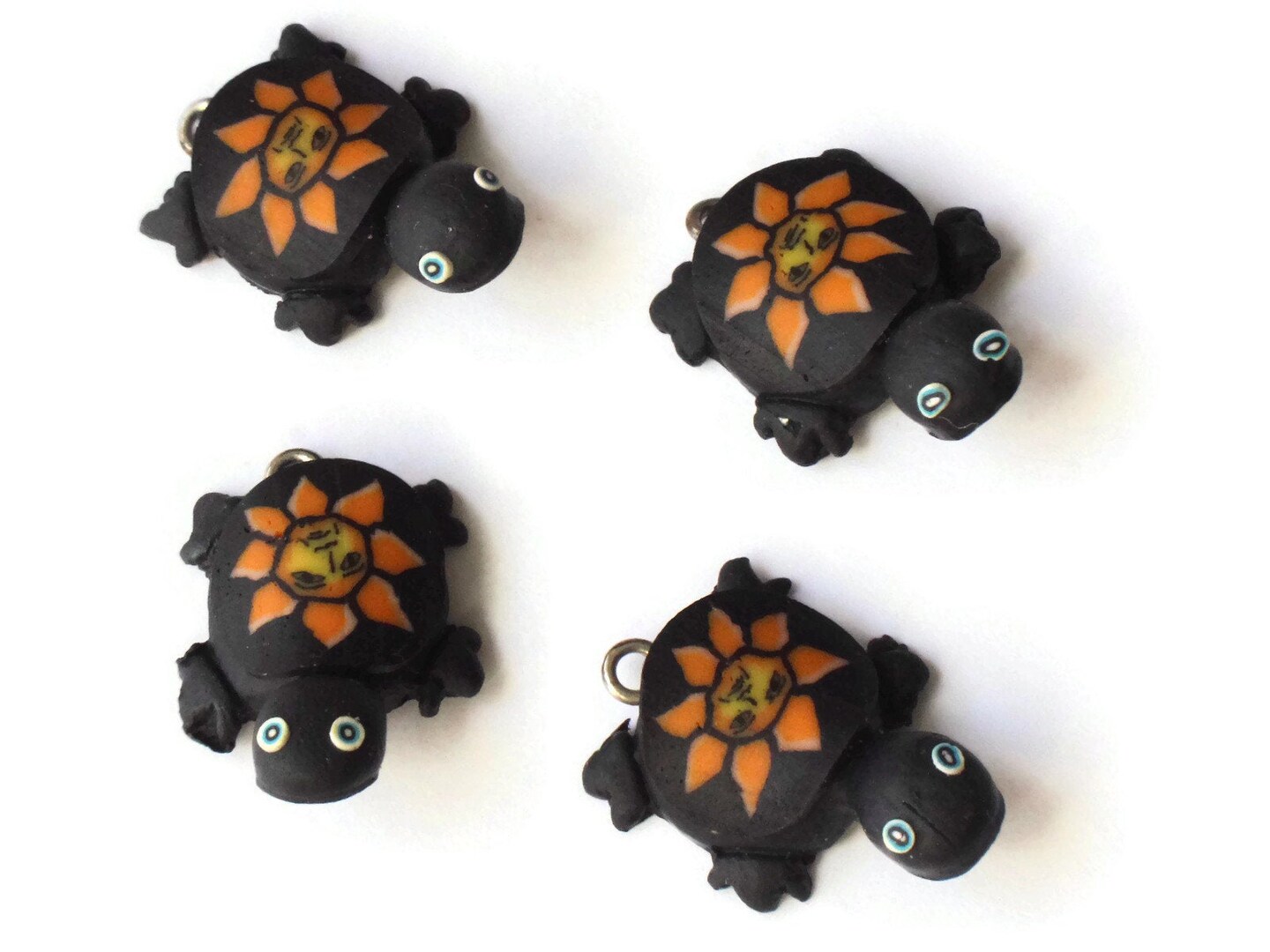 4 Black Turtles with Sun on the Shell Charms Tortoise Links Polymer Clay Turtle Beads