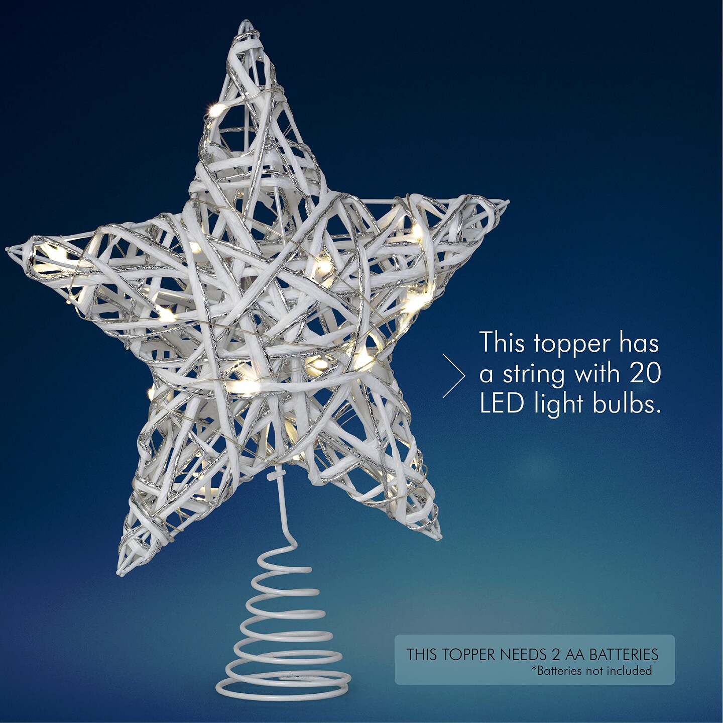Ornativity Christmas Rattan Tree Topper &#x2013; White and Silver Xmas Rustic Star LED Light Up Tree Topper Ornament Decoration