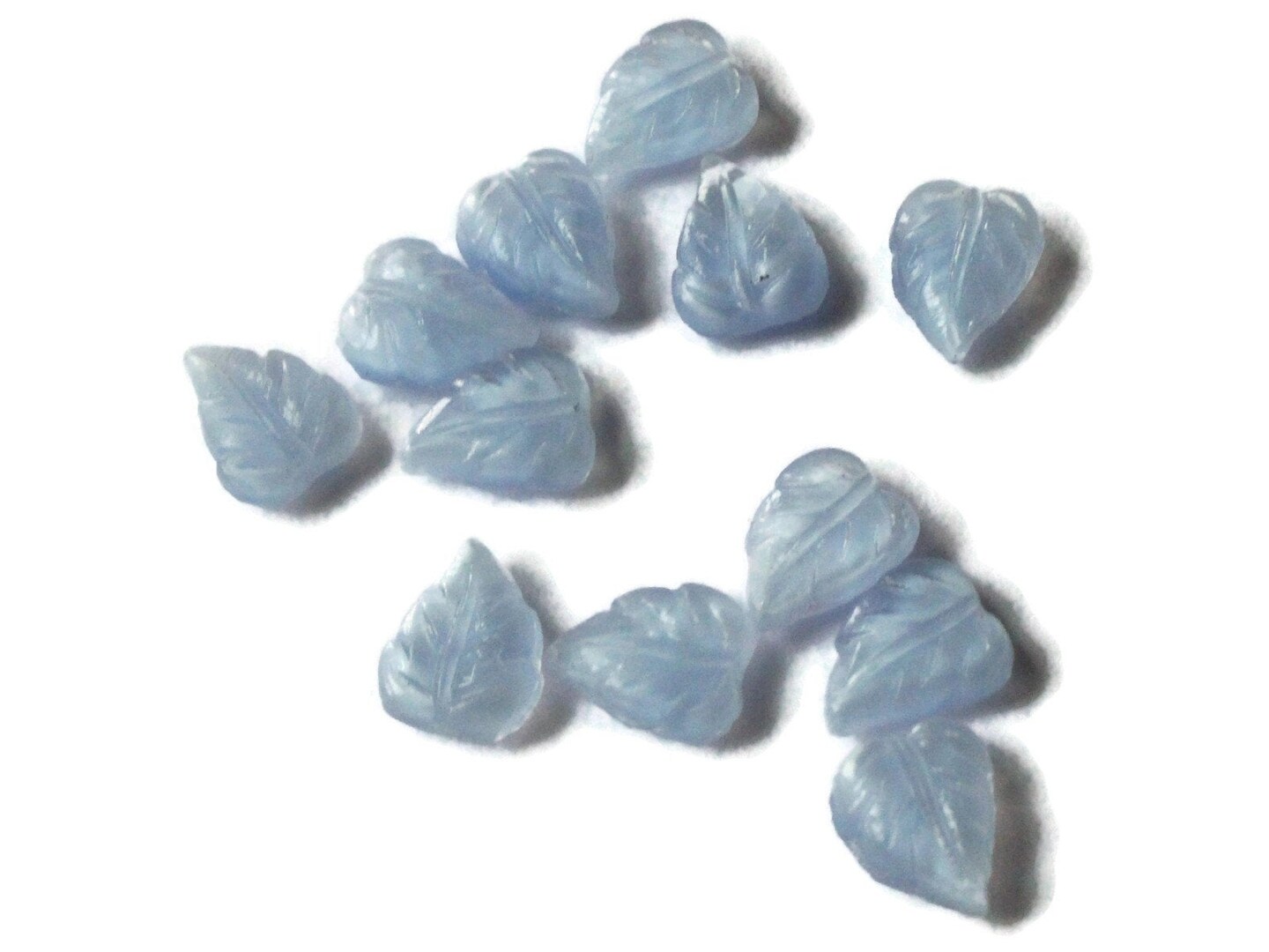 12 8mm x 6mm Blue Moonstone Leaf Cabochons - Tiny Little Leaves - Vintage Czech Glass Cabochons