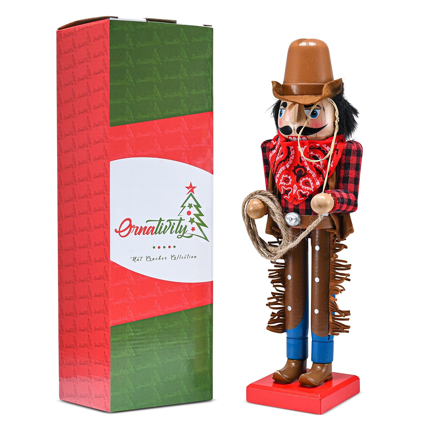 Ornativity Christmas Western Cowboy Nutcracker – Brown and Red Wooden Nutcracker Cow Boy with a Rope and Lasso Xmas Themed Holiday Nut Cracker Doll Figure Decorations