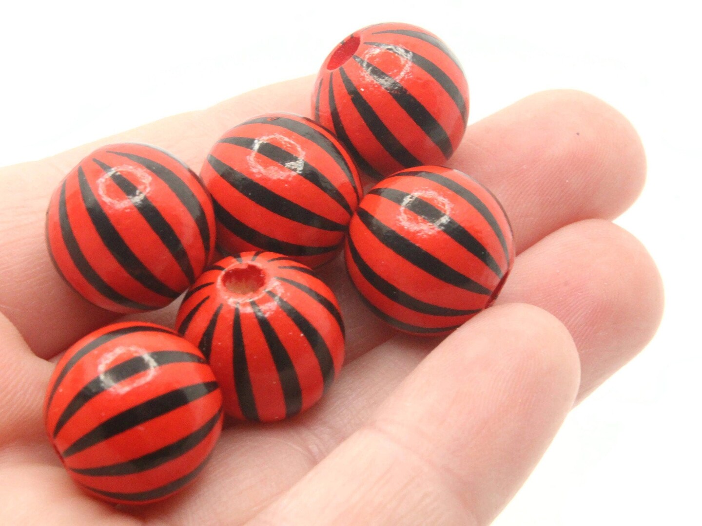 6 15mm Red and Black Striped Round Wood Beads