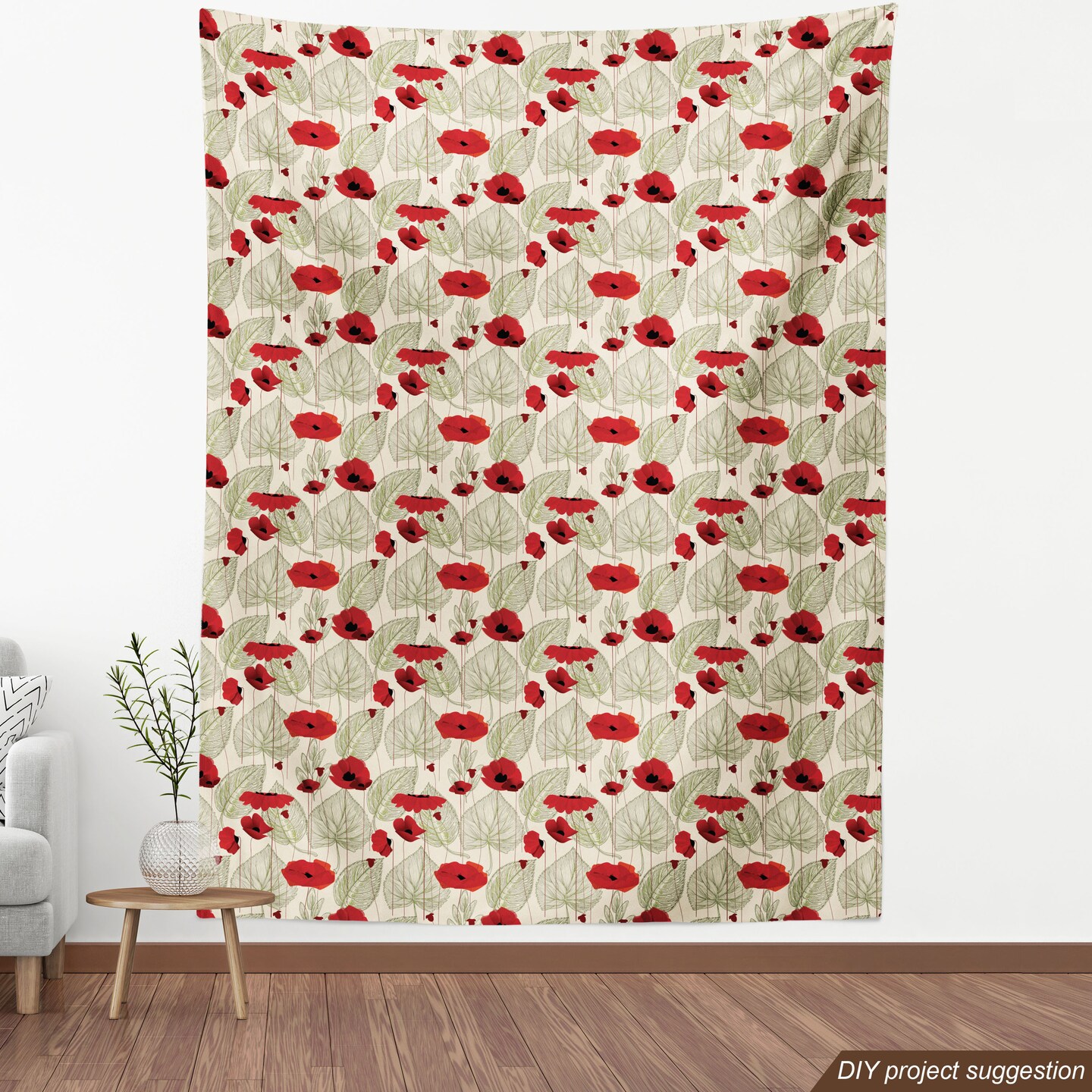 Ambesonne Poppy Flower Fabric by the Yard, Sketchy Tree Leaves Rural Floral Growth Botany Nature Inspired, Decorative Fabric for Upholstery and Home Accents, 1 Yard, Scarlet Fern Green Beige