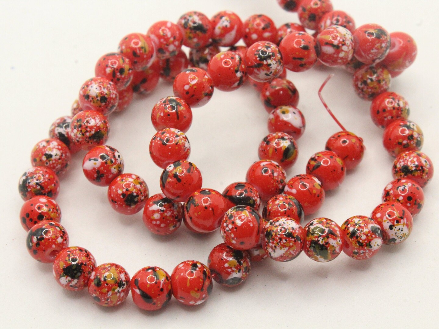 68 6mm Red Black and White Splatter Paint Round  Glass Beads