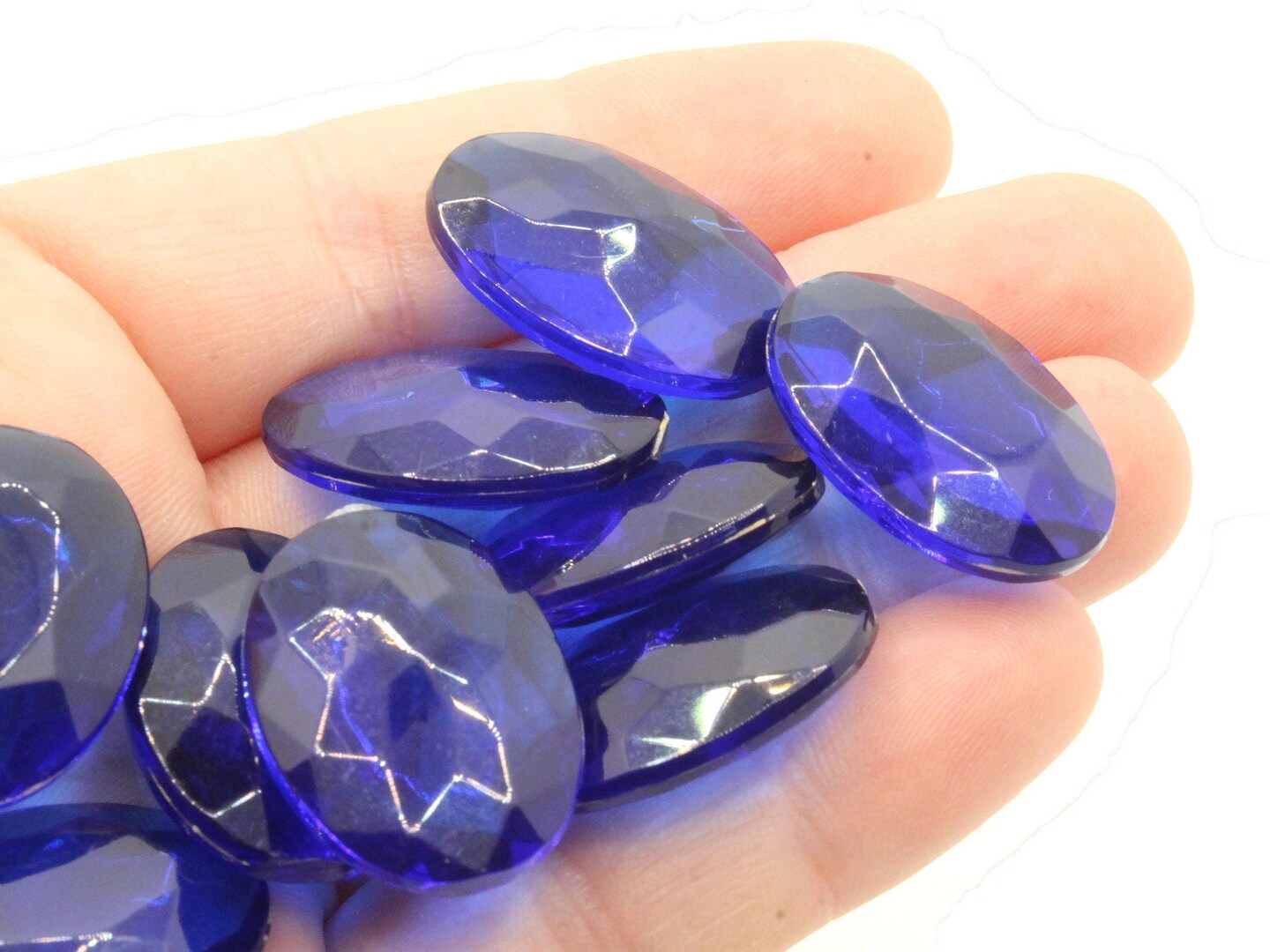 10 25mm Faceted Oval Sapphire Blue Vintage West Germany Plastic Rhinestone Cabochons