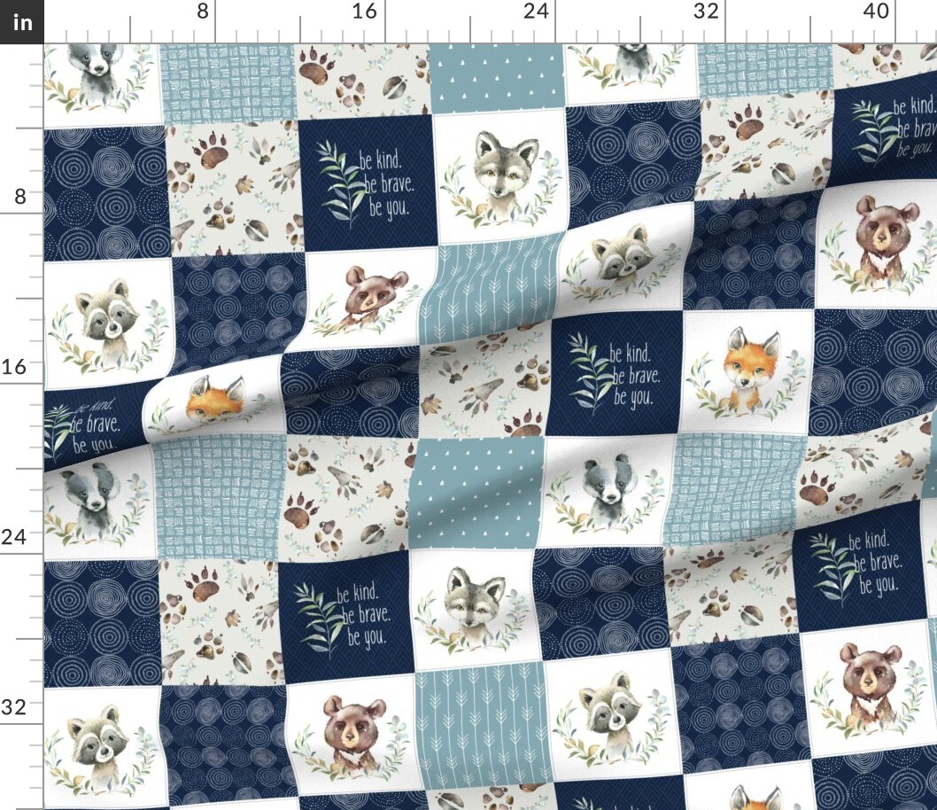 Petal Signature Cotton by the Yard or Fat Quarter Woodland Forest Bear Wolf Quilt Topper Wholecloth Cheater Quilt Patchwork Blue White Custom Printed Fabric by Spoonflower