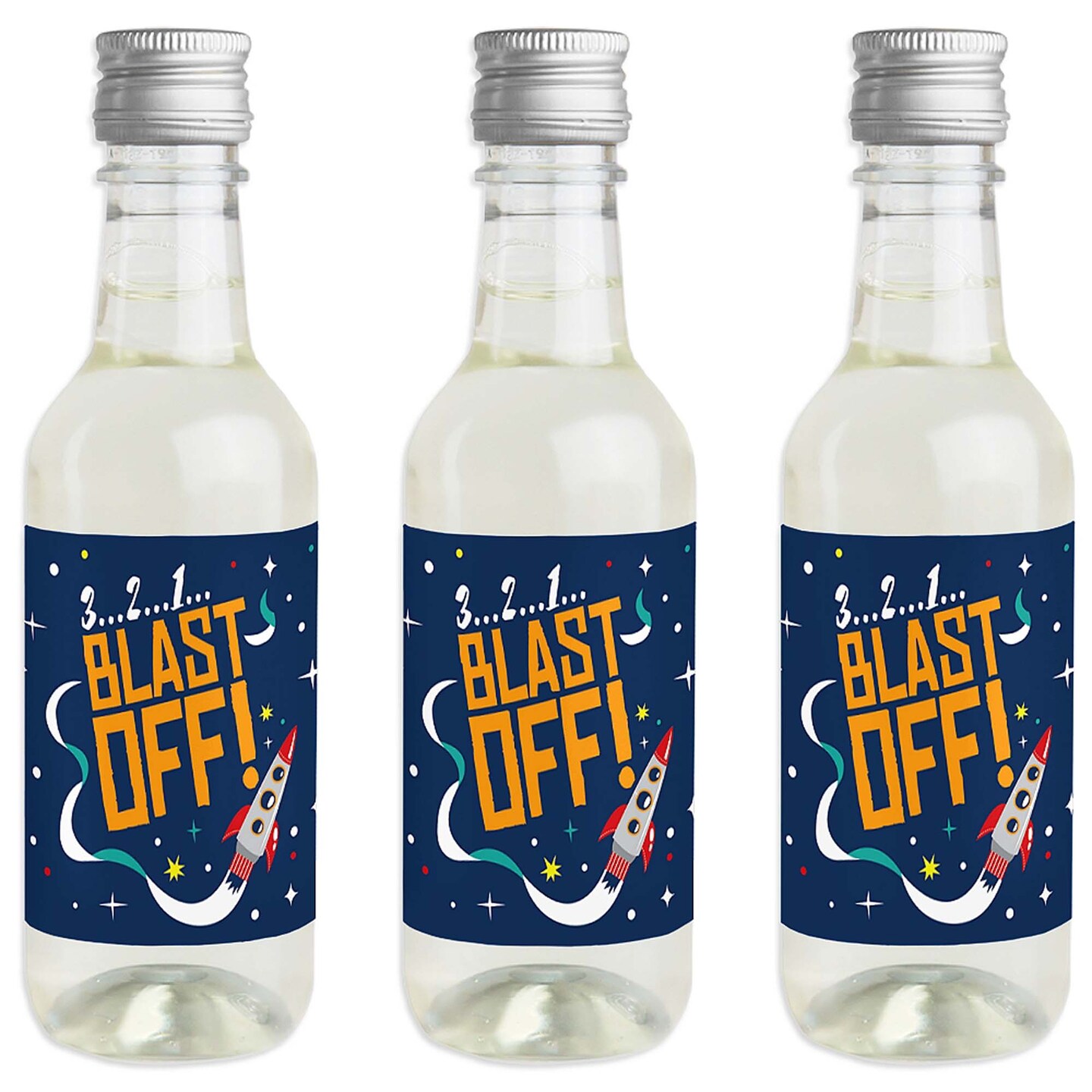 Big Dot of Happiness Blast Off to Outer Space - Mini Wine and Champagne Bottle Label Stickers - Baby Shower or Birthday Party Favor Gift - Set of 16