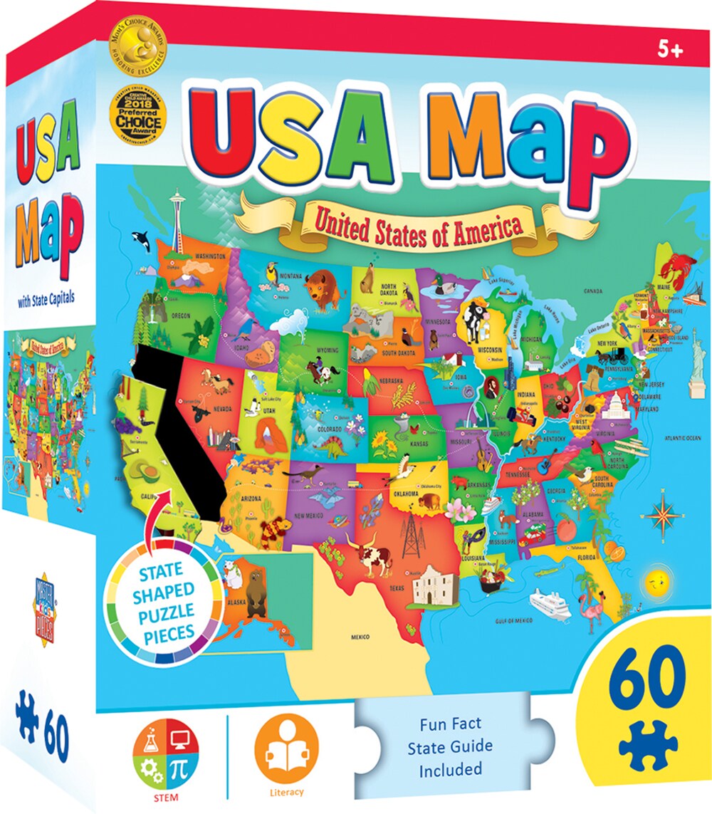 MasterPieces 60 Piece Educational Jigsaw Puzzle for Kids - USA Map State Shaped - 16.5"x12.75"