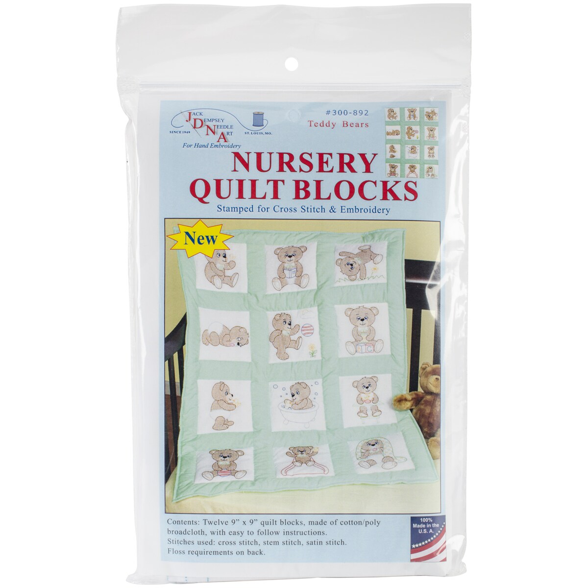 Jack Dempsey Stamped White Nursery Quilt Blocks 9&#x22;X9&#x22; 12/Pkg-Teddy Bears