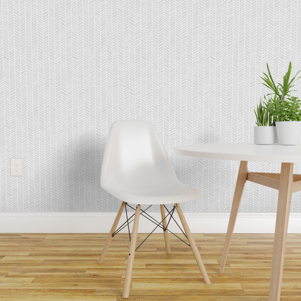 Peel &#x26; Stick Wallpaper 2FT Wide Herringbone Light Gray White Neutral Doodle Cartoon Chevron Triangle Classic Geometric Arrow Modern Mod Chic Custom Removable Wallpaper by Spoonflower