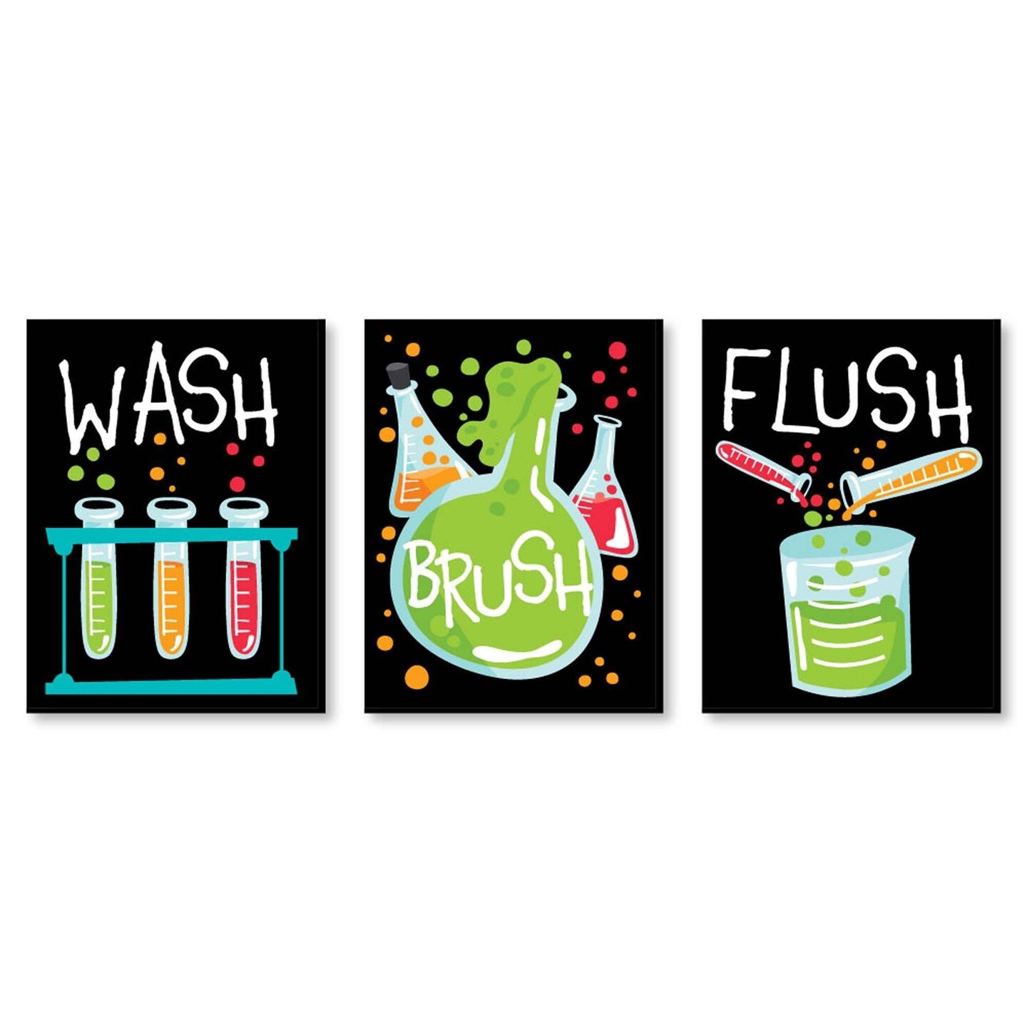 Big Dot of Happiness Scientist Lab - Mad Science Kids Bathroom Rules Wall Art - 7.5 x 10 inches - Set of 3 Signs - Wash, Brush, Flush