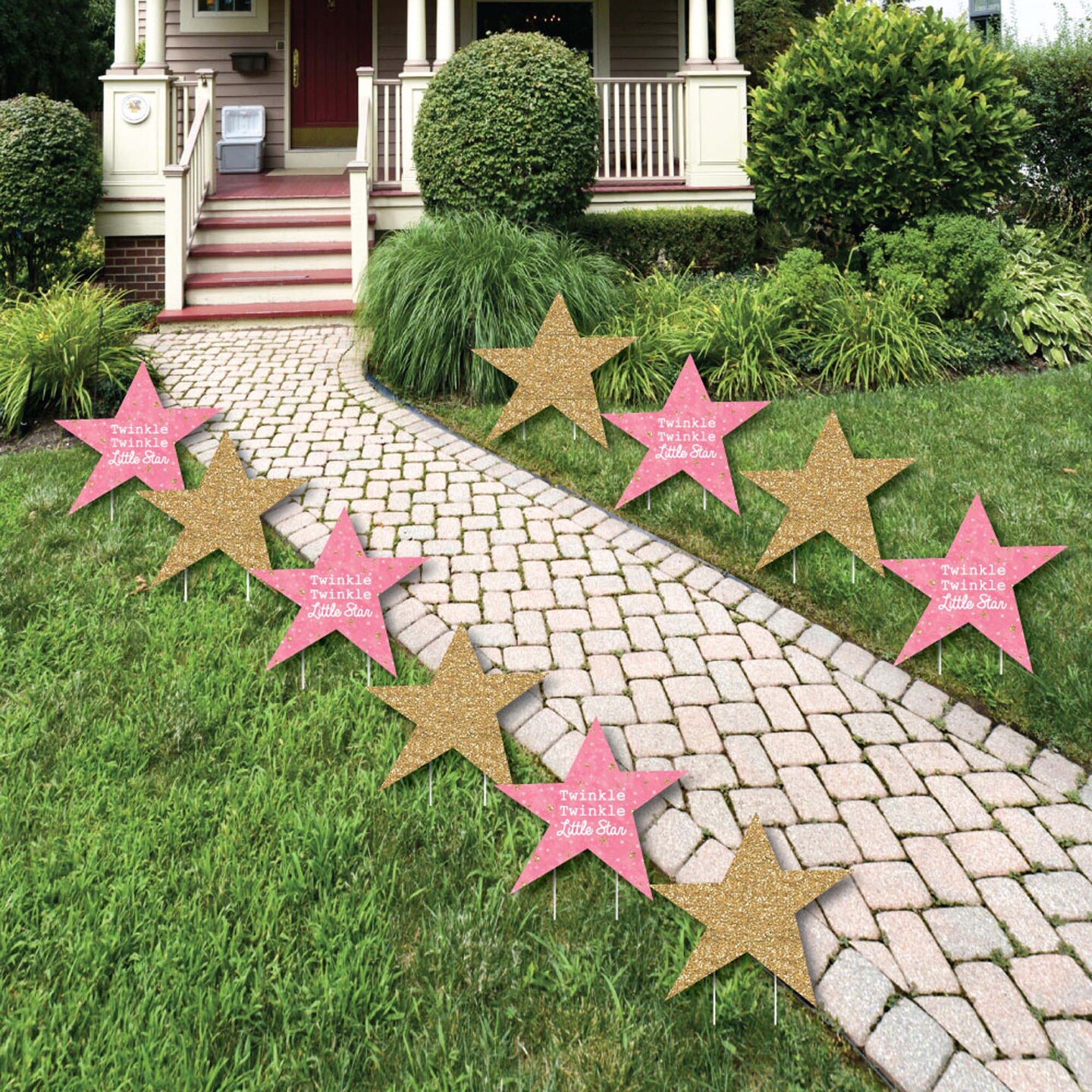 Big Dot of Happiness Pink Twinkle Twinkle Little Star - Lawn Decorations - Outdoor Baby Shower or Birthday Party Yard Decorations - 10 Piece
