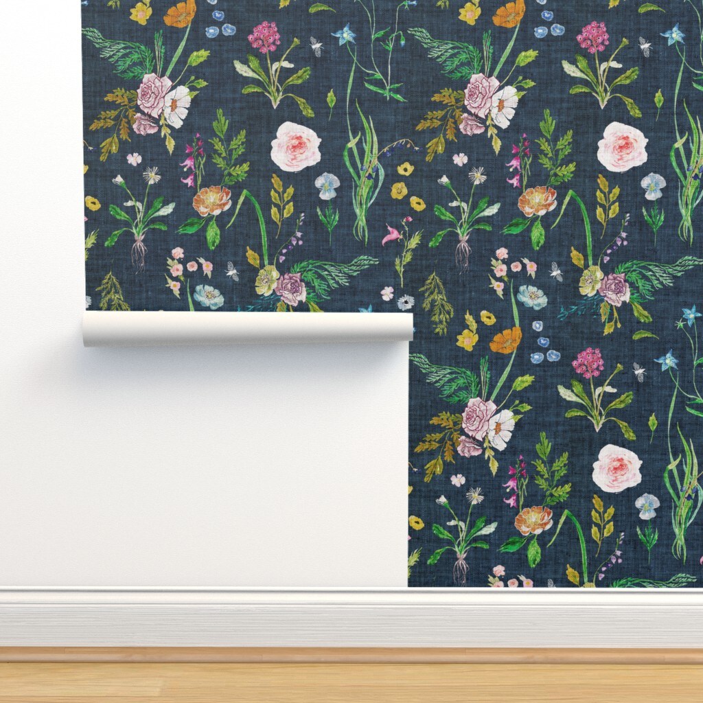 Floral Summer Daisy Navy Blue Flowers Rose Vintage Custom Removable Wallpaper by Spoonflower Peel & Stick Wallpaper 2FT Wide
