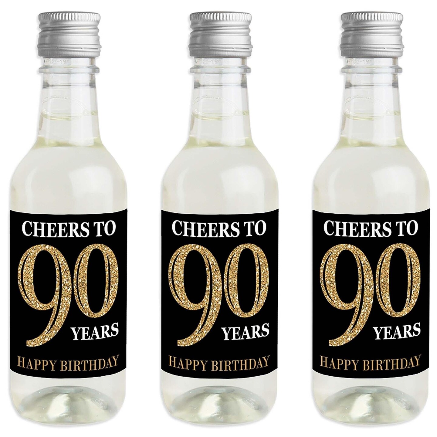 Big Dot of Happiness Adult 90th Birthday - Gold - Mini Wine &#x26; Champagne Bottle Label Stickers - Birthday Party Favor Gift for Women &#x26; Men - Set of 16