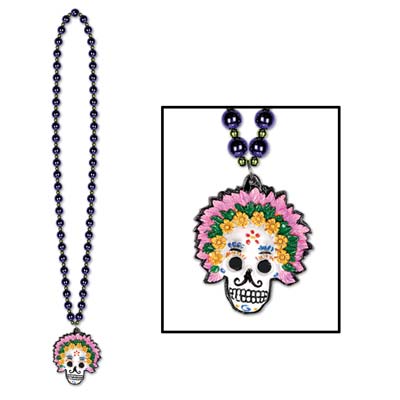 Beads with Day Of The Dead Medallion 36 Inch