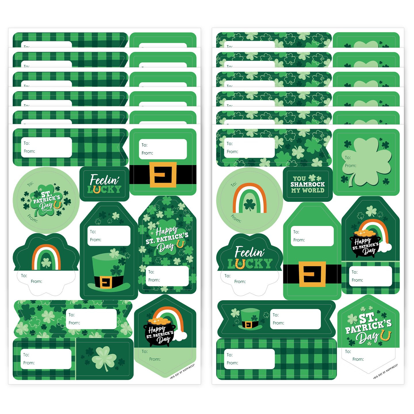 Big Dot of Happiness Shamrock St. Patrick&#x27;s Day - Assorted Saint Paddy&#x2019;s Party Gift Tag Labels - To and From Stickers - 12 Sheets - 120 Stickers