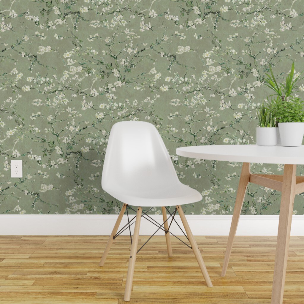 Pre-Pasted Wallpaper 2FT Wide Impressionist Spring Bloom Sage Green Floral Botanical Nature Leaf Delicate Custom Pre-pasted Wallpaper by Spoonflower