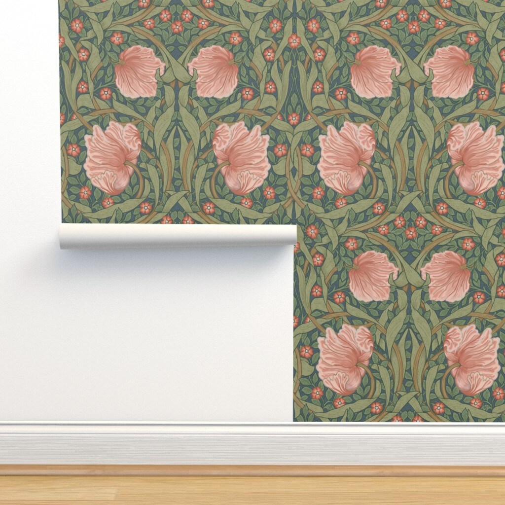 Pink Floral Green Botanical Victorian Garden William Morris Vintage Flower Leaves Art Nouveau Large Scale Custom Pre-pasted Wallpaper by Spoonflower Pre-Pasted Wallpaper 2FT Wide