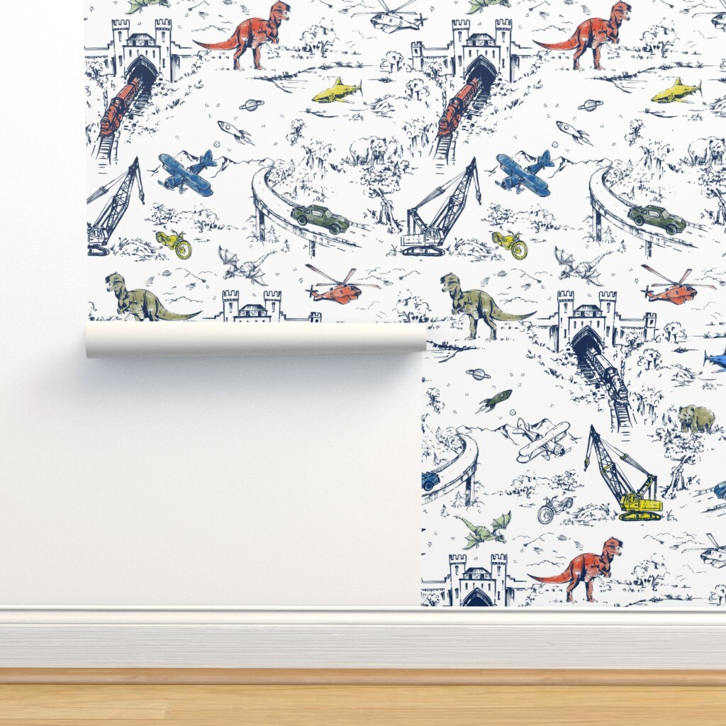 Whimsical Blue White Dinosaur Shark Helicopter Car Space Travel Custom Removable Wallpaper by Spoonflower Peel & Stick Wallpaper 2FT Wide