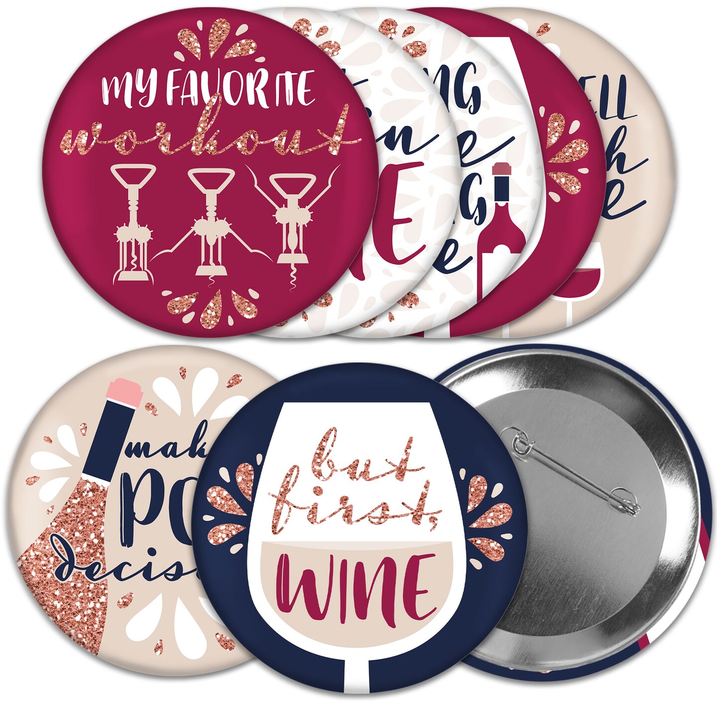 Big Dot of Happiness But First, Wine - 3 inch Wine Tasting Party Badge - Pinback Buttons - Set of 8