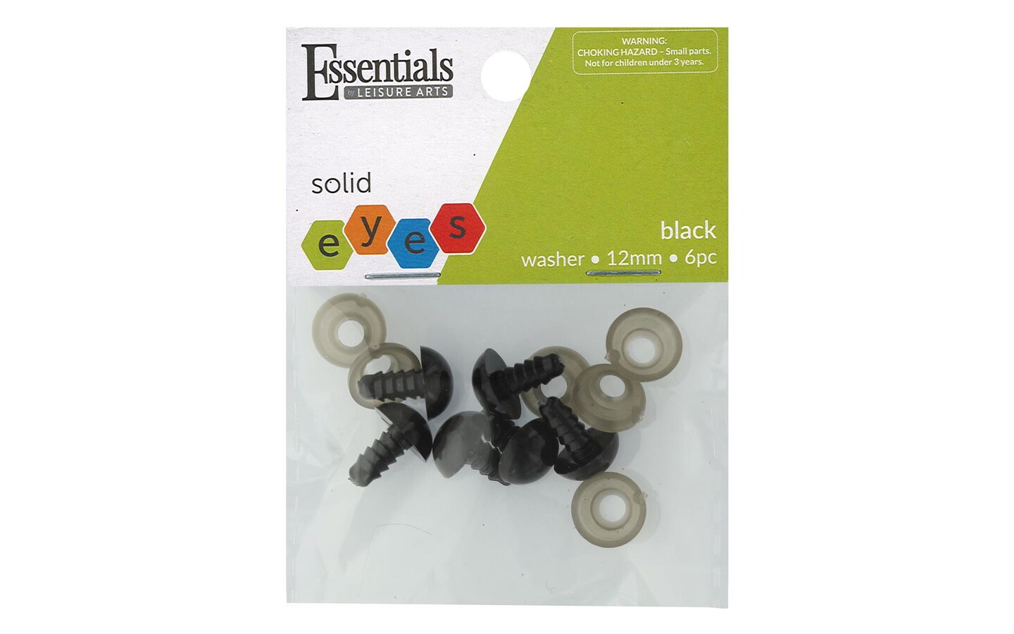 Essentials by Leisure Arts Eyes Solid with Washer Black, 12mm, 6 pieces