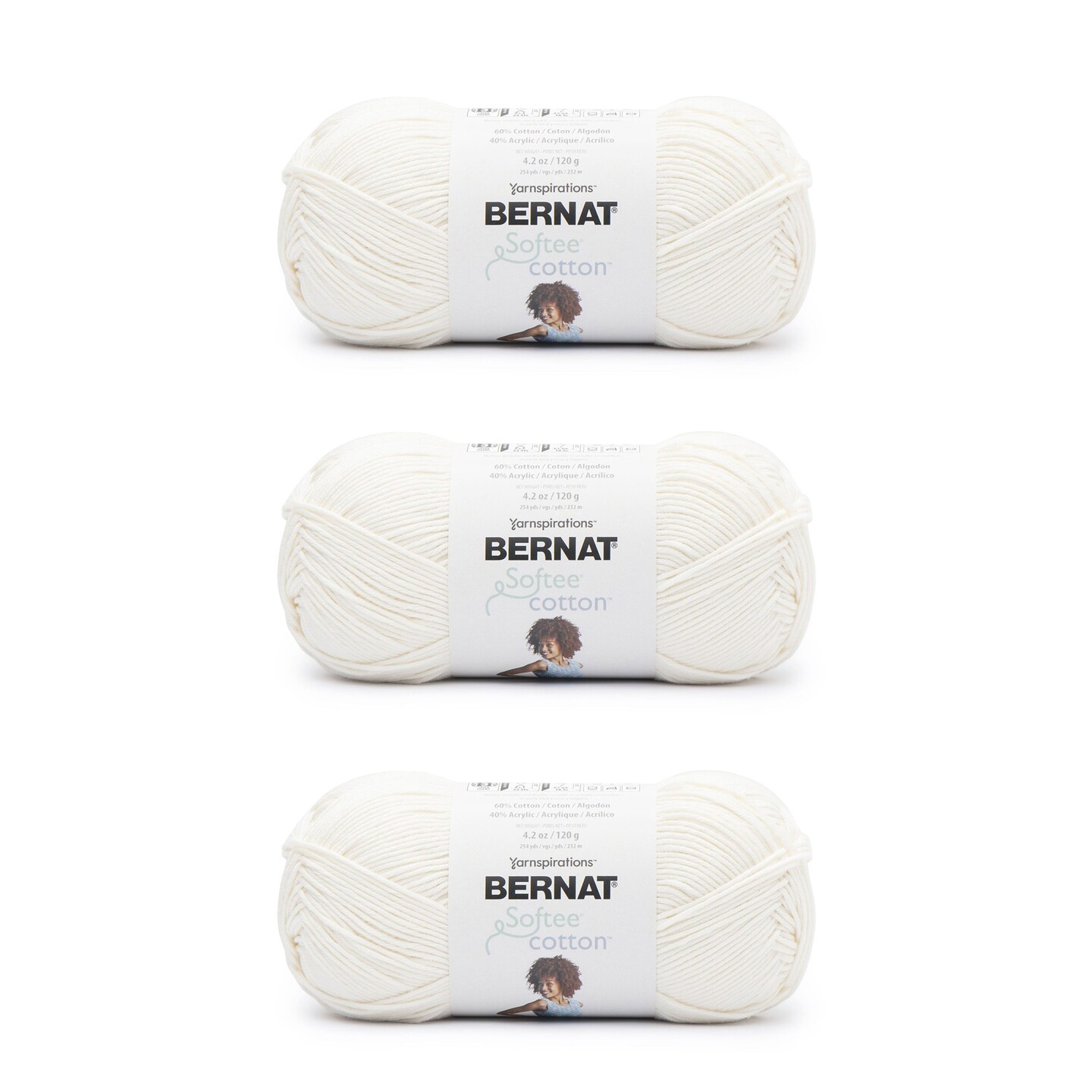 Bernat Softee Cotton Cotton Yarn - 3 Pack of 120g/4.25oz - Nylon - 3 DK (Light) - 254 Yards - Knitting/Crochet
