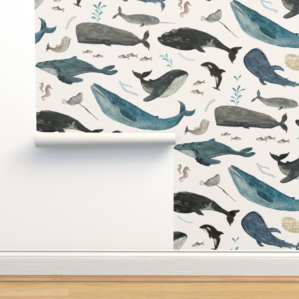 Whale Blue Large Black Whales Gray Animals Hand Drawn Sea Custom Removable Wallpaper by Spoonflower Peel & Stick Wallpaper 2FT Wide
