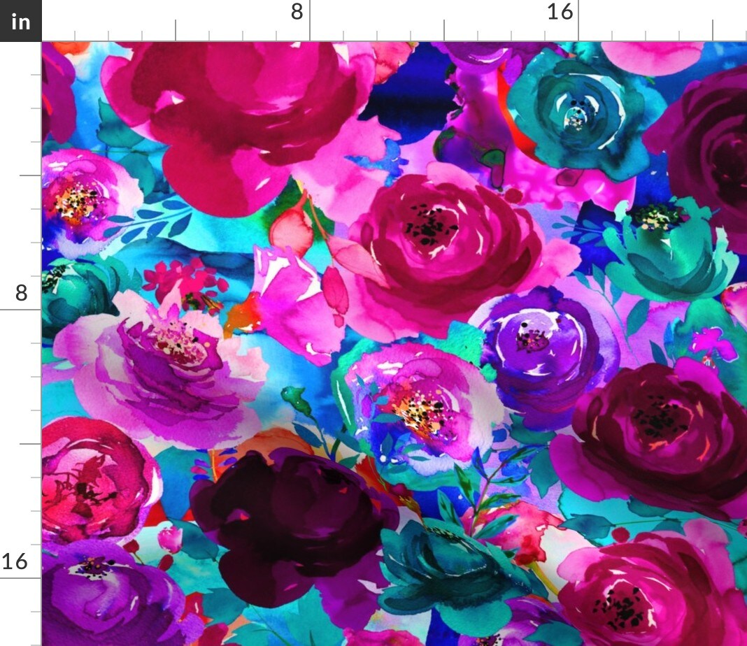 Boho Aqua Hot Pink Floral Flowers Purple Custom Printed Fabric by Spoonflower Various Fabrics by the Yard or Fat Quarter