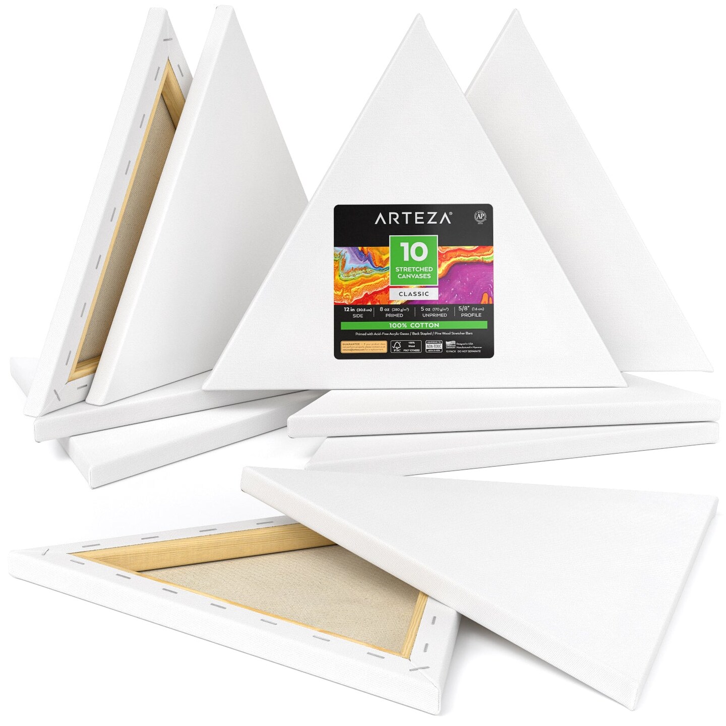 Arteza Classic Blank Triangle Stretched Canvas, 12&#x22;, Blank Canvas Boards for Painting - 10 Pack