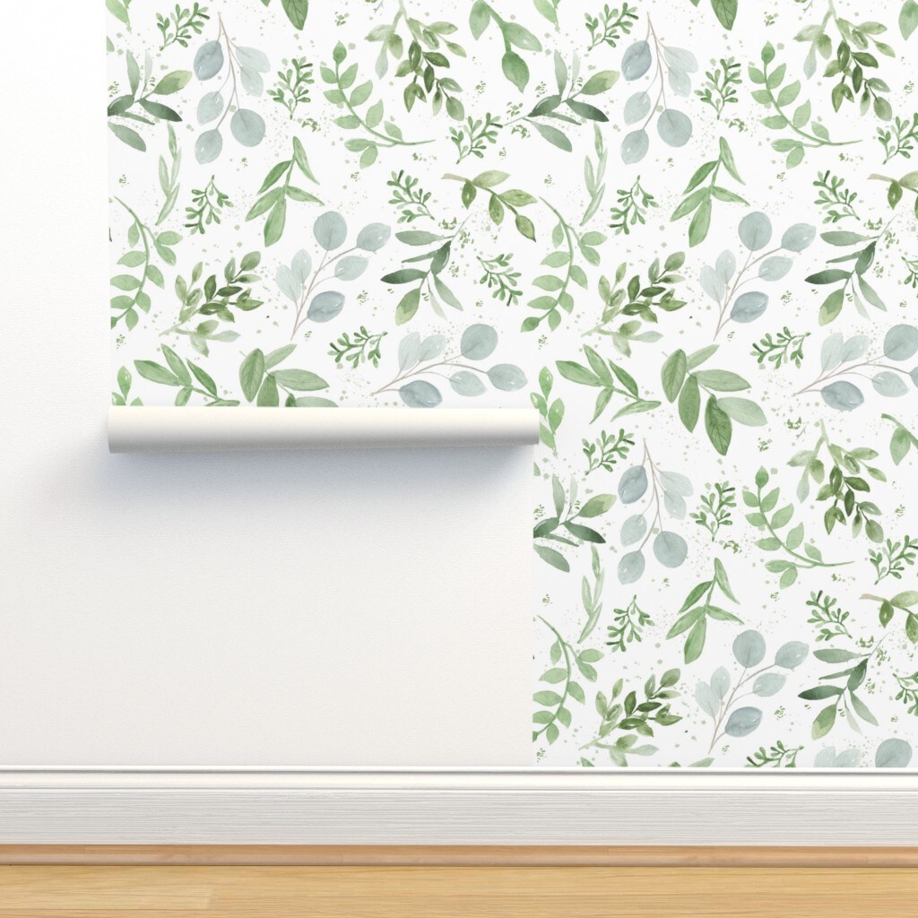 Leaves Watercolor Botanical Greenery Soft Eucalyptus Larger Repeat Custom Pre-pasted Wallpaper by Spoonflower Pre-Pasted Wallpaper 2FT Wide