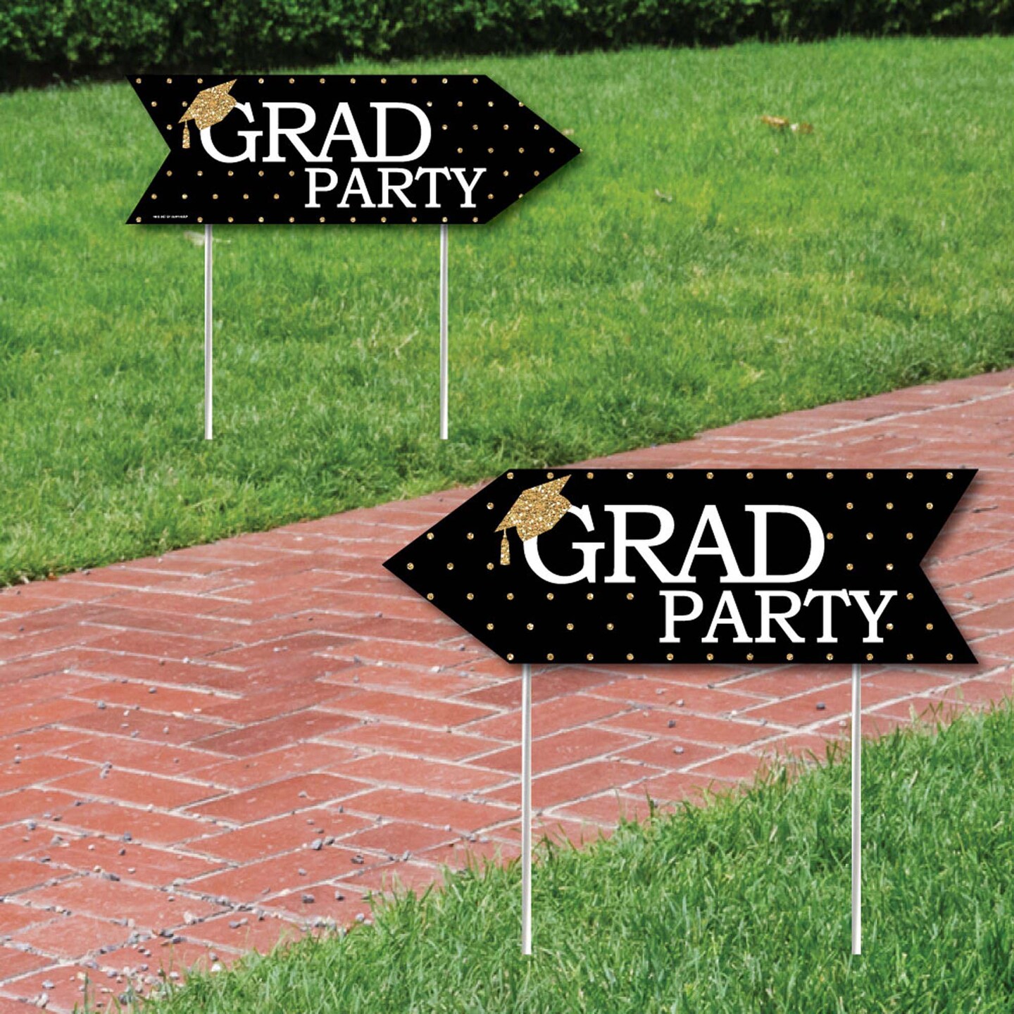 Big Dot of Happiness Gold Graduation Party Sign Arrow - Double Sided Directional Yard Signs - Set of 2