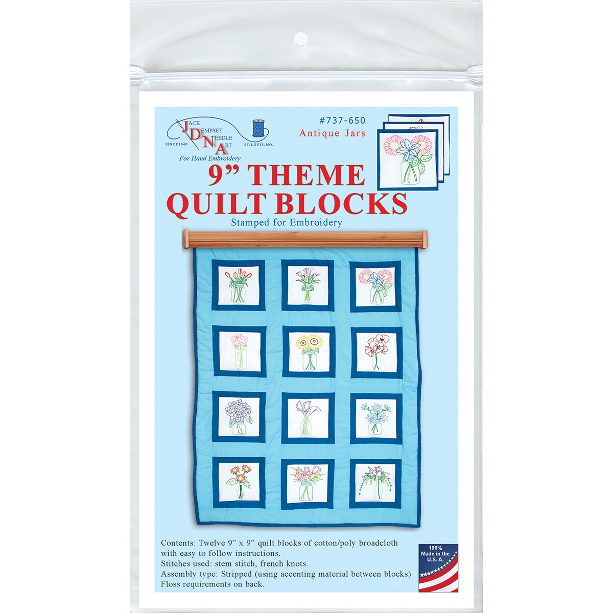 Jack Dempsey Themed Stamped White Quilt Blocks 9"X9" 12/Pkg-Antique Jars