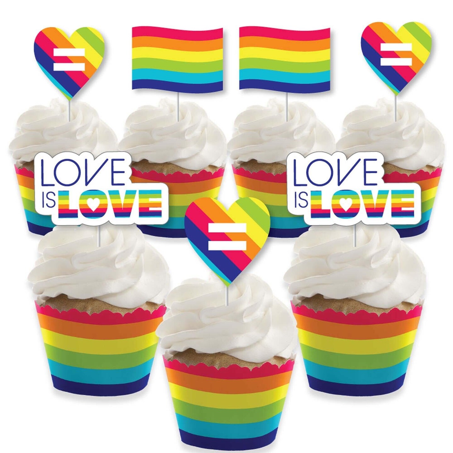 Big Dot of Happiness Love is Love - Pride - Cupcake Decoration - Rainbow Party Cupcake Wrappers and Treat Picks Kit - Set of 24