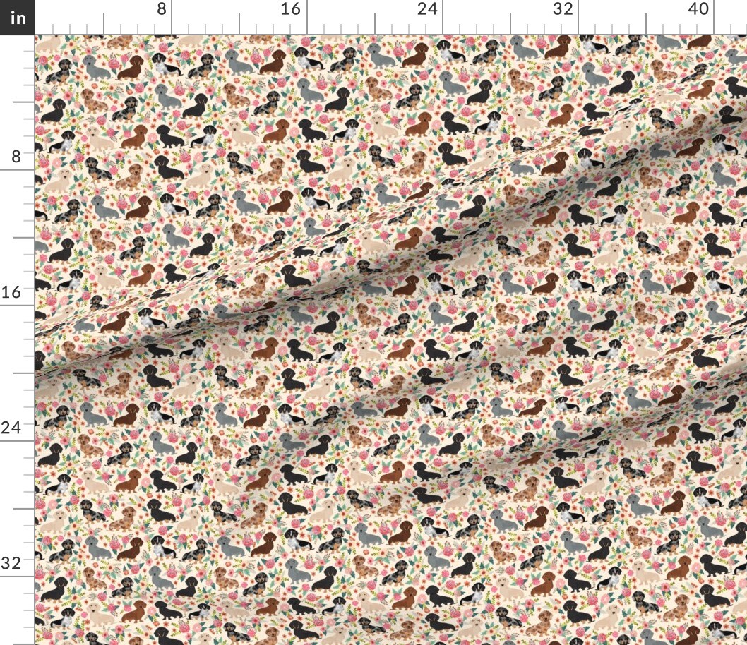 Petal Signature Cotton by the Yard or Fat Quarter Dachshund Floral Vintage Flowers Dachshunds Cute Dogs Florals Custom Printed Fabric by Spoonflower