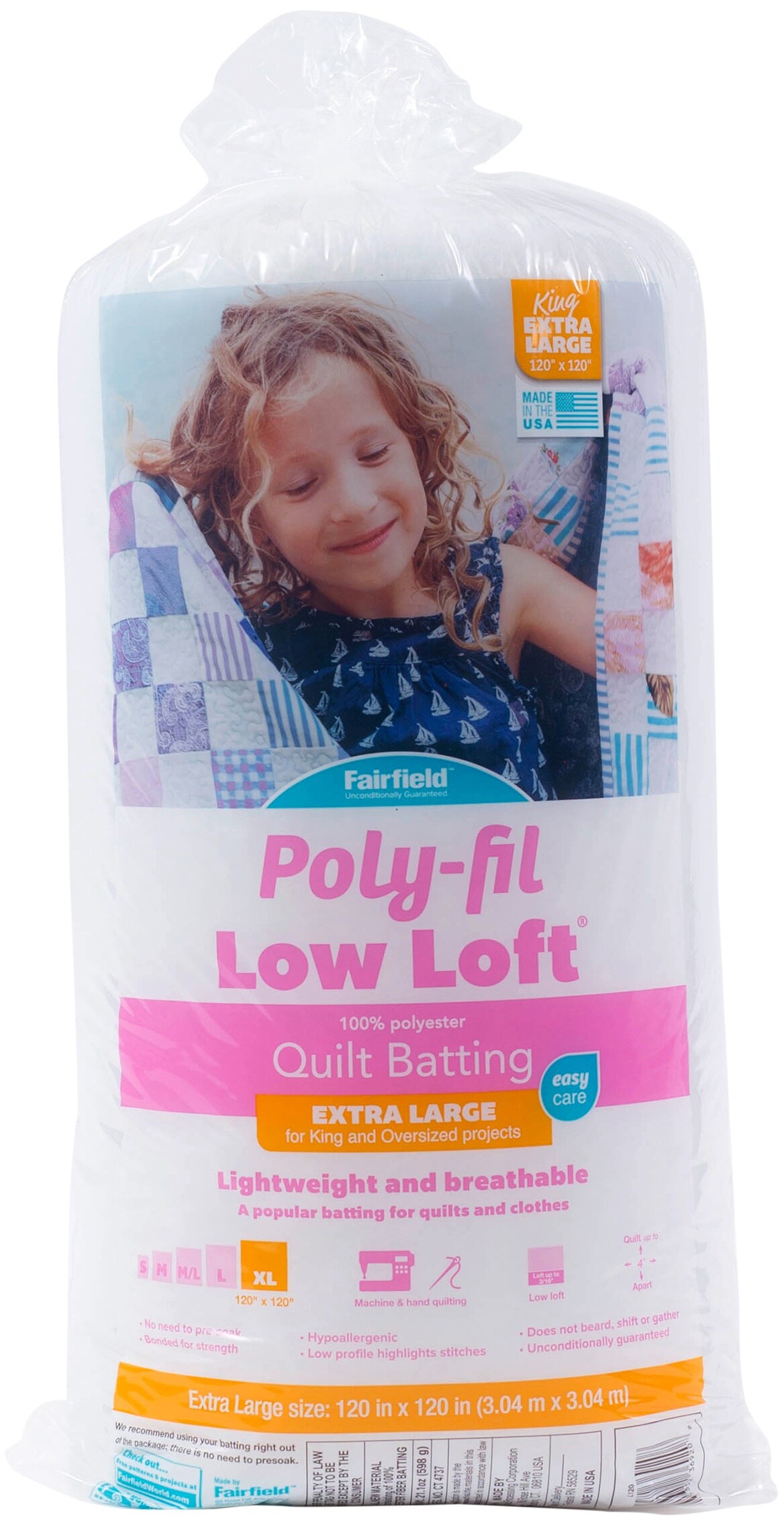 Fairfield Low-Loft Bonded Polyester Batting-King Size 120"X120"