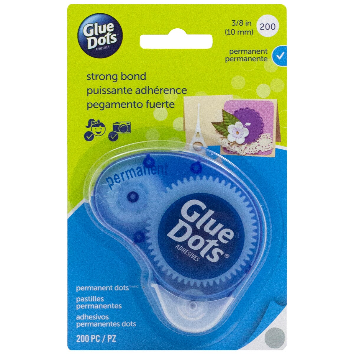 Glue Dots .375" Dot Disposable Dispenser-Permanent, 200 Clear Dots