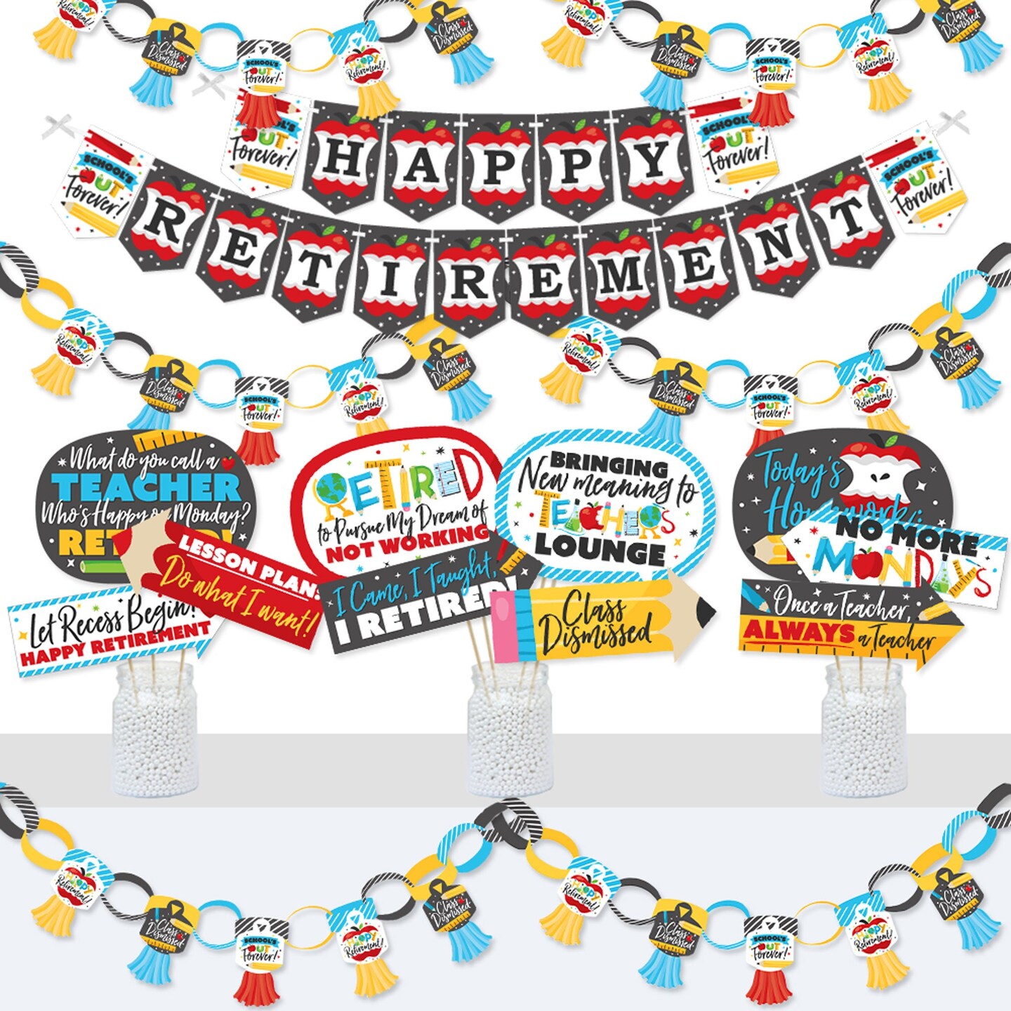 Big Dot of Happiness Teacher Retirement - Banner and Photo Booth Decorations - Happy Retirement Party Supplies Kit - Doterrific Bundle