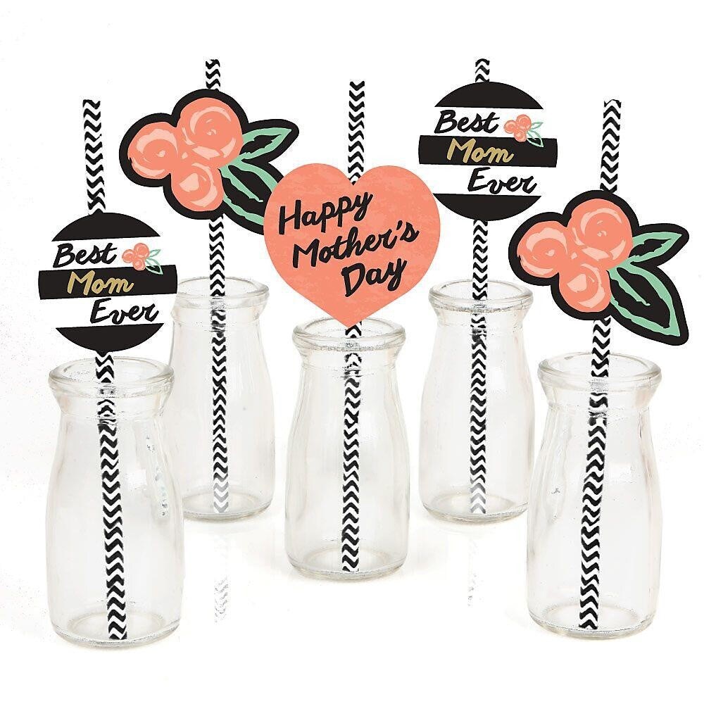 Big Dot of Happiness Best Mom Ever Paper Straw Decor - Mother&#x27;s Day Party Striped Decorative Straws - Set of 24