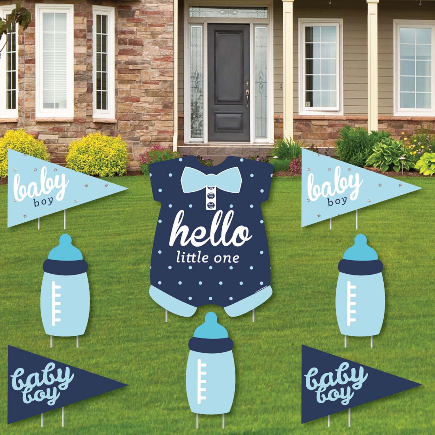 Big Dot of Happiness Hello Little One - Blue and Navy - Yard Sign &#x26; Outdoor Lawn Decorations - Boy Baby Shower Yard Signs - Set of 8