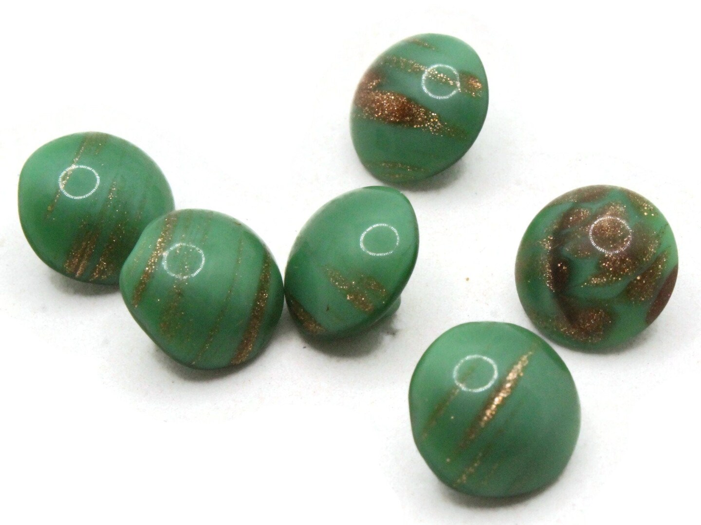 6 11mm Vintage Green and Gold Glass Shank Buttons Sewing Notions