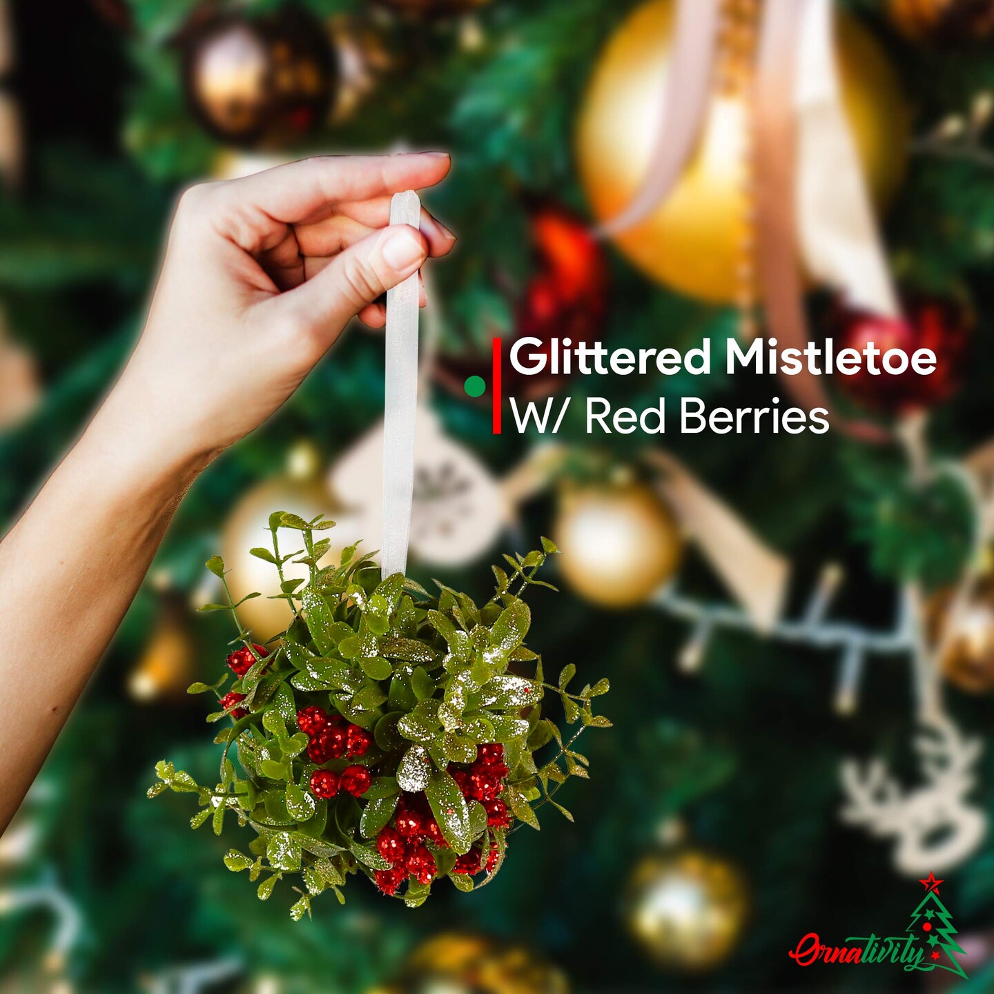 Ornativity Mistletoe Glitter Hanging Ornament - Christmas Mistletoe Ball with Red Berries Holiday Decoration