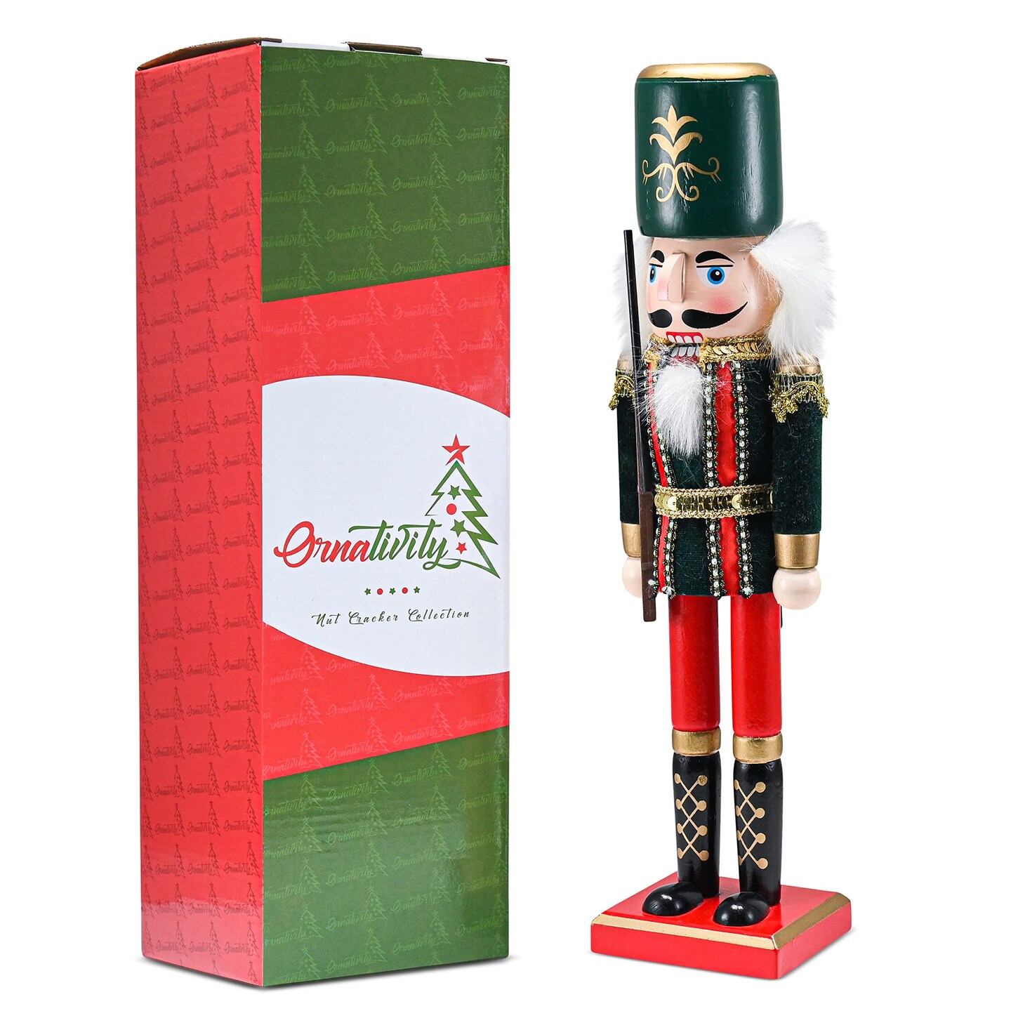 Ornativity Christmas Toy Soldier Nutcracker &#x2013; Red and Black Wooden Nutcracker Soldier with a Rifle Gun Xmas Themed Holiday Nut Cracker Doll Figure Decorations