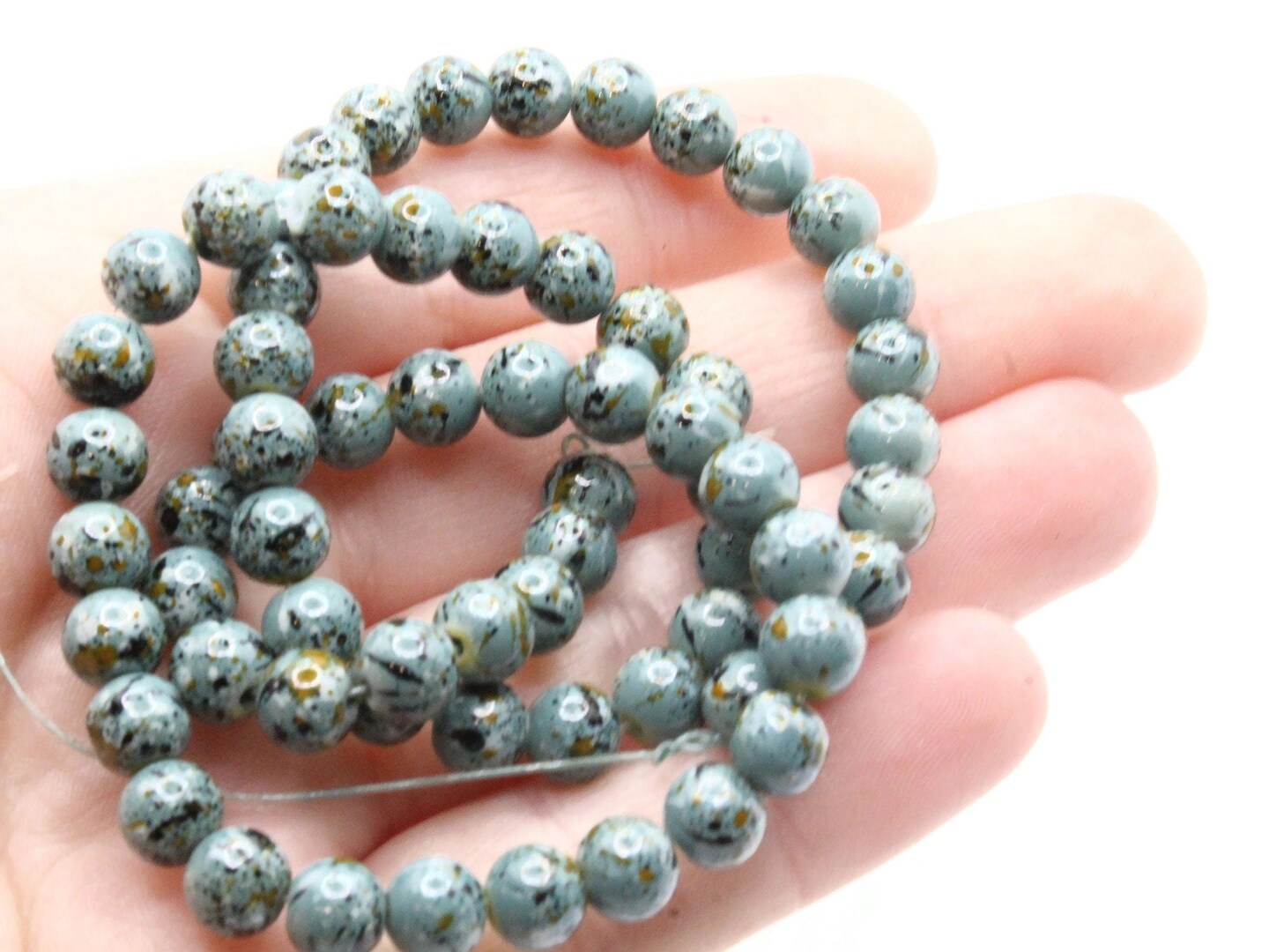 68 6mm Blue Gray  Splatter Paint Smooth Round Glass Beads