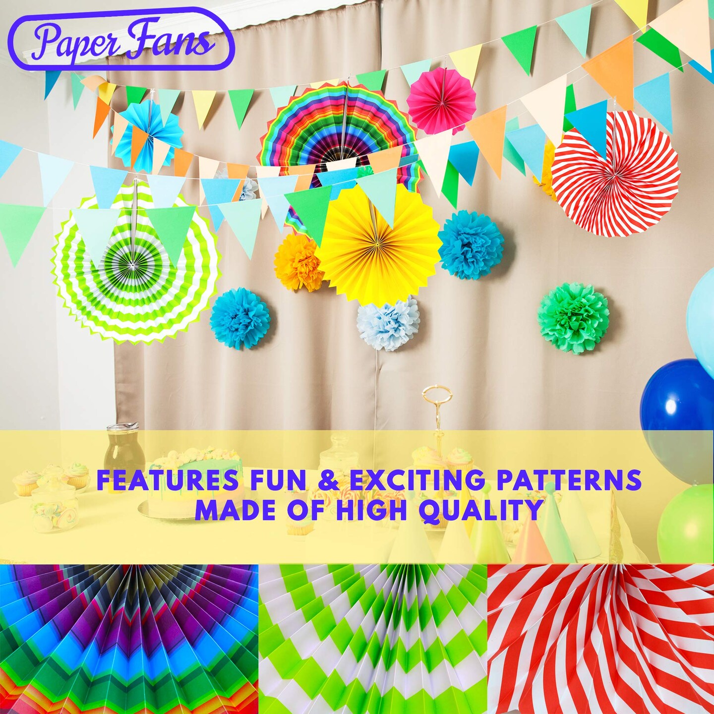 Big Mo&#x27;s Toys Paper Fans Pink Green And Blue Mexican Fiesta Party Decorations Supplies Paper Fan Rosettes